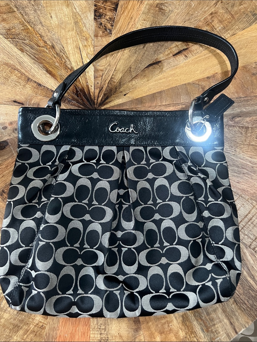 Coach Black and Gray Signature Canvas Shoulder Bag with Silver Accents